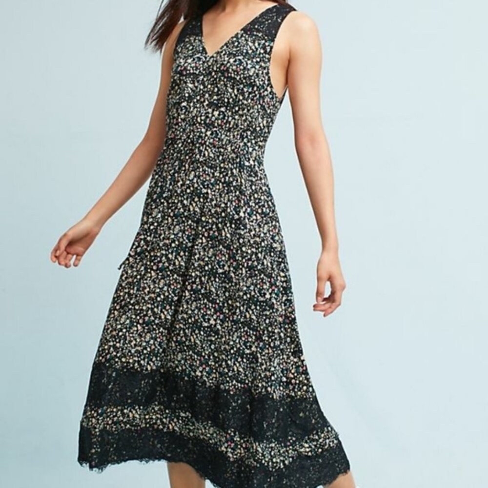 Anthropologie Ranna Gill floral print black lace dress XS Cynara Midi Dress